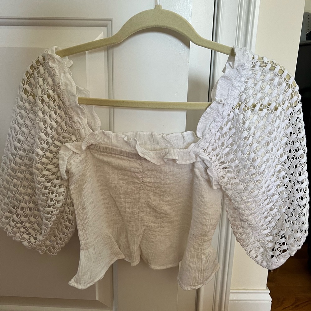 SHEIN White Puff Sleeve Smocked Blouse